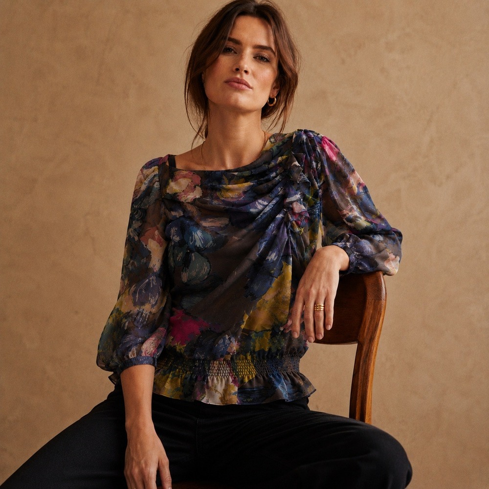 Ted Baker Silk Ruched Puff Sleeve Blouse Watercolor Print Sz XS